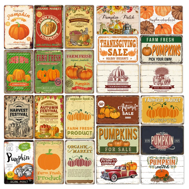 

Pumpkin Farmer Market Thanksgiving Decor Poster Classic Metal Tin Sign Art Painting Decoration Kitchen Farm Home Wall Plaques