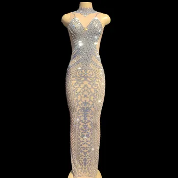 

Women's Fashion Slim Rhinestone Floral Pattern Long Dress Elegant Evening Banquet Party Women Dress Mesh Perspective Costumes