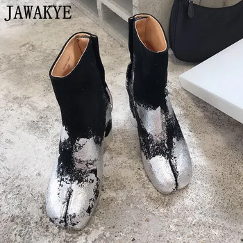 

Painted High Heel Split toe Ankle Boots Genuine leather Designer New Boots Wintere Shoes Women Motorcycle Botas mujer Punk boots