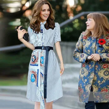 

Kate Middleton Work Party Dress Short Sleeve Slim Stripe Patchwork Women Dress 2020 Summer Shirt Dresses High Quality Designer