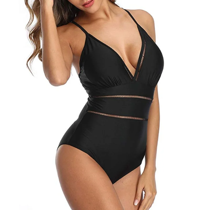 TYAKKVE Sexy Mesh One Piece Swimsuit 2020 Push Up Swimwear Women Deep V Neck Bathing Suit Summer Beach Wear Backless Bodysuits