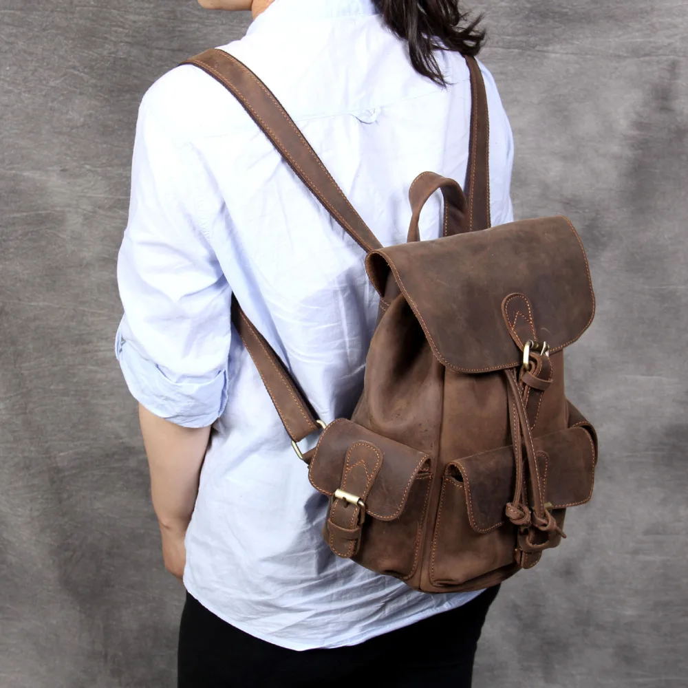 Women's Backpack Crazy Horse Cowhide Bags For Women Handmade Genuine Leather Backpacks For 11