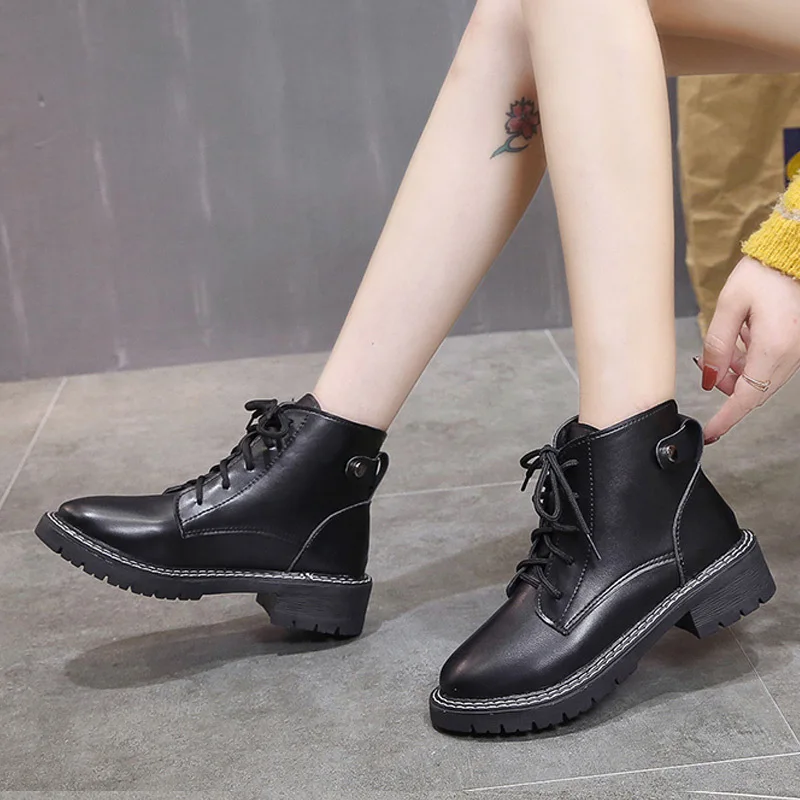 Classic Women's Black Martin Boots Spring Casual Lace Up Handsome Short Booties Round Head Non Slip Ankle Shoes Ladies