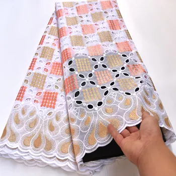 

5 yard Dubai style 2019 latest embroidery African cotton fabrics white gold Swiss Voile Lace In Switzerland mv184