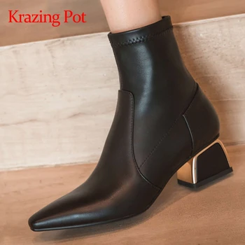 

Krazing pot 2020 new style small square toe med heel Chelsea boots beauty lady streetwear simple solid zipper ankle boots L51