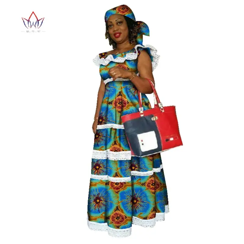 Африканские платья русалки для женщин, африканская вышивка, Базен, платье Дашики, хлопок, Женская кружевная одежда с круглым вырезом, натуральная WY2320 - Цвет: 18