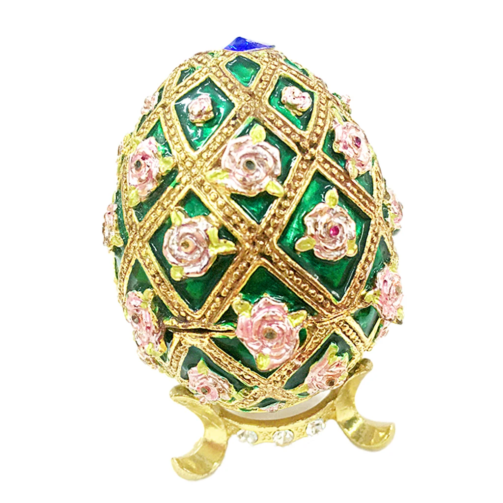 Antique Diamante Metal Crafts Jewelry Trinket Box Jewelry Case Flower Gold Green Egg Christmas Wedding Collectibles