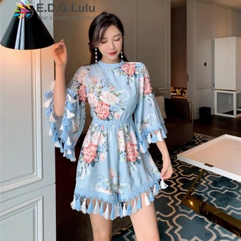 

EDGLuLu Jumpsuit Women Summer 2020 Elegant Party Fringe Jumpsuit Casual Loose Print Flared Sleeves High Waist Jumpsuit 0930