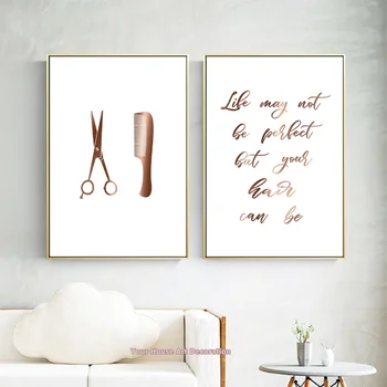 Billige Goldene Brief Text Leinwand Malerei Haar Salon Wand Decor Hairstylist Hairdresse Schere Kamm Modulare Bilder