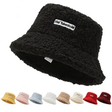 

Factory Wholesale Hat Plush Embroidery 2022 Women's Fashion Wool Lamb Bucket Hat For Woman Winter Panama