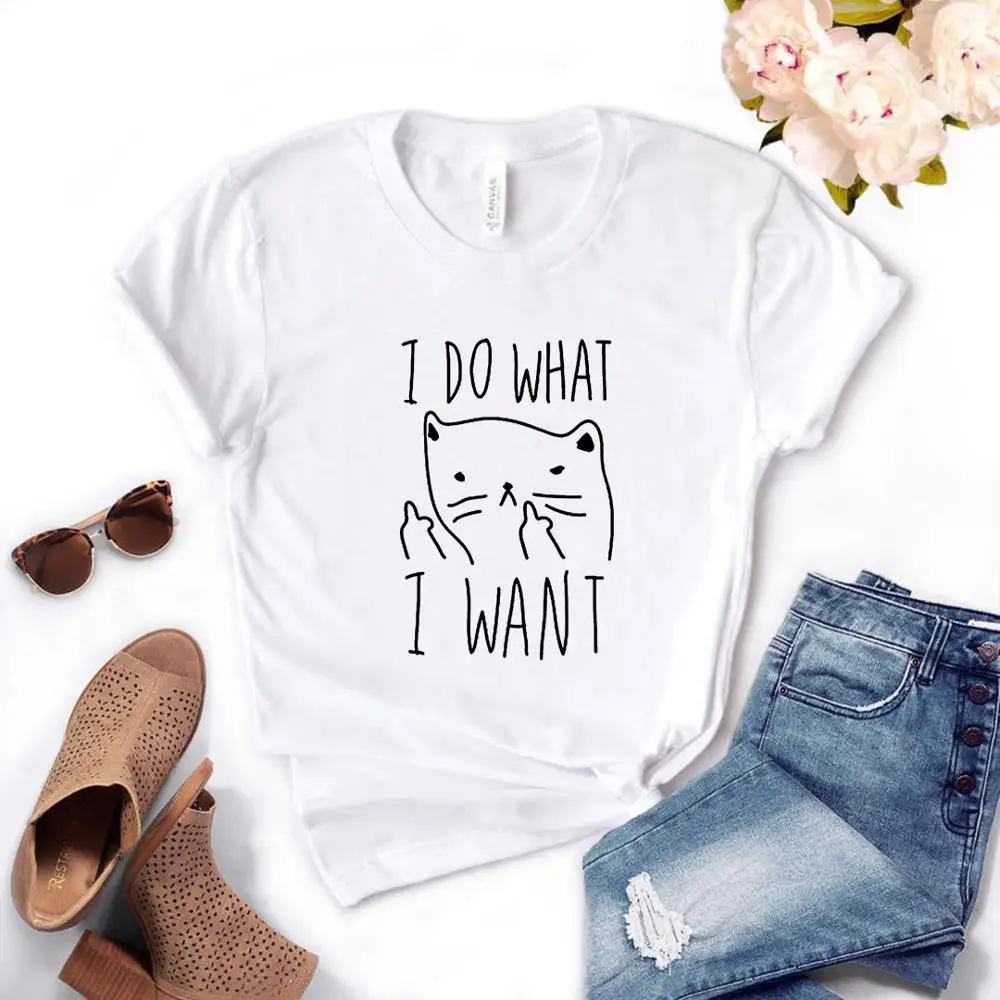 Белый Женская футболка с надписью «i do what i want cat», Повседневная хлопковая хипстерская забавная футболка для девочек, 6 цветов, Прямая поставка, BA-76 - Цвет: Белый