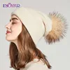 ENJOYFUR Winter Hats For Women Natural Fur Pompom hat Warm Wool Slouchy Beanies For Female Fashion Skullies Lady Hats 3