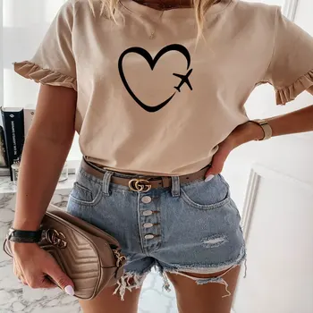 

Travel plane heart love Print Women tshirt Fashion Elegant Ruffle Sleeve T shirt Lady Vintage pink Girl Top Tee Blusa Streetwear