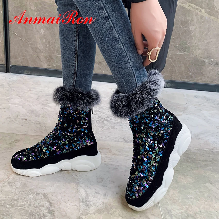 

ANMAIRON Bling Flat with Ankle Boots Round Toe Med PU Winter Shoes Woman Polka Dot Short Plush Zip Sequined Cloth Women Boots