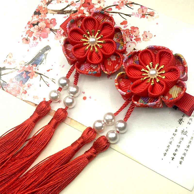 2 шт. Maru-tsuami Kanzashi Цветочные кисточки Сакура заколка для волос традиционный японский стиль кимоно аксессуар Гейша ручной работы HW043