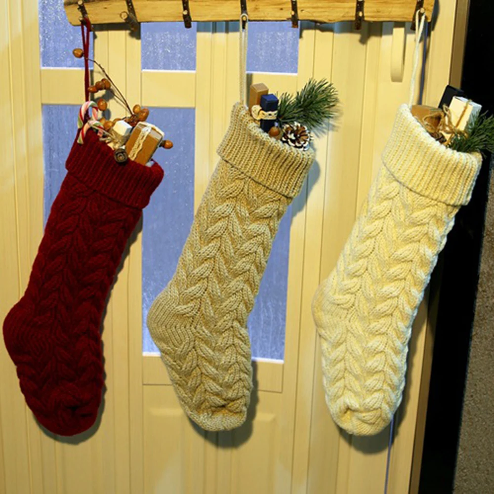 

Christmas Knit Stockings Bag Xmas Fireplace Hanging Ornaments Candy Gifts Bags Home Festival Party Decoration Kids Gift Supplies