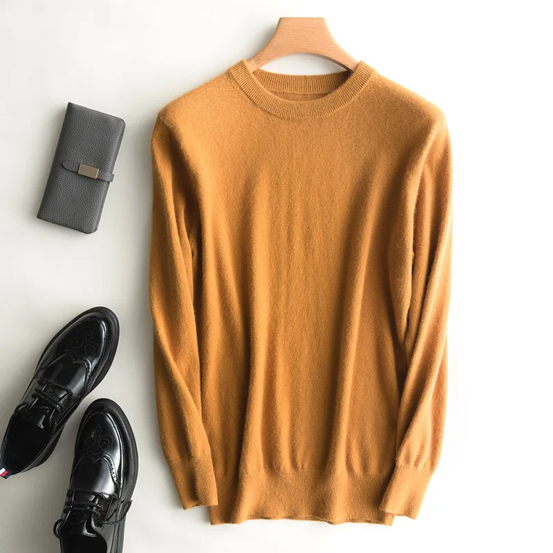 Зимний толстый мужской свитер из чистого кашемира, вязаный пуловер с длинным рукавом и круглым вырезом, повседневный теплый мягкий вязаный джемпер - Цвет: Золотой