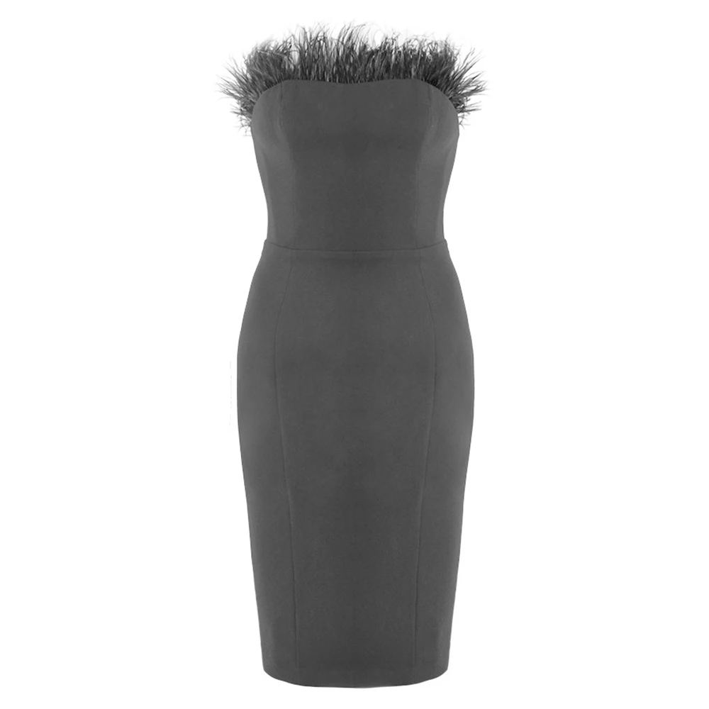 HQBORY, новинка, Осеннее женское Бандажное платье, Vestidos, сексуальное, с черными перьями, без рукавов, без бретелек, облегающее, Клубное, знаменитостей, вечерние платья