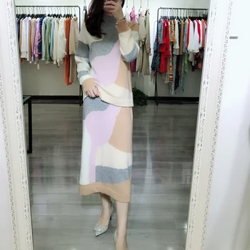 

100% cashmere suit woman half-high collar pullover and elastic waist half skirt thick winter 2 piece suit women's clothing