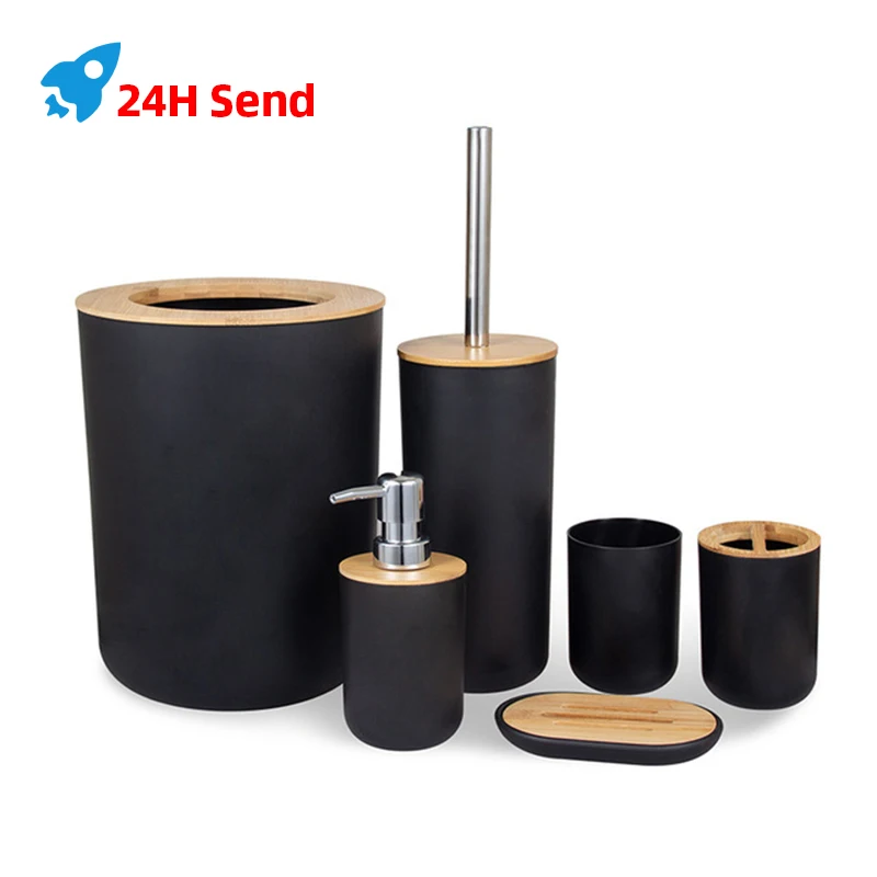 Bathroom Accessories Set 6 Pieces Bamboo Room Toothbrush Holder Soap Dispenser Toilet Brush Trash Can Essential | Дом и сад
