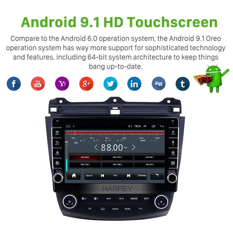 Harfey Android 9,1 10,1 дюймов HD сенсорный автомобильный радиоприемник для Honda Accord 7 2003-2007 gps Bluetooth головное устройство Автомобильный мультимедийный плеер