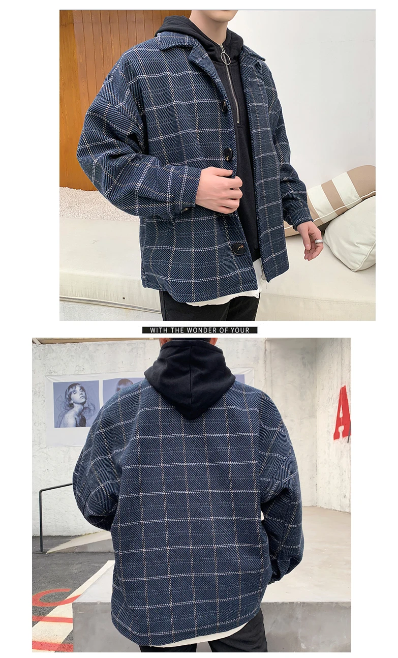 Autumn Woolen Jacket Men's Fashion Retro Casual Woolen Coat Men Streetwear Wild Loose Plaid Jacket Overcoat Male Clothes