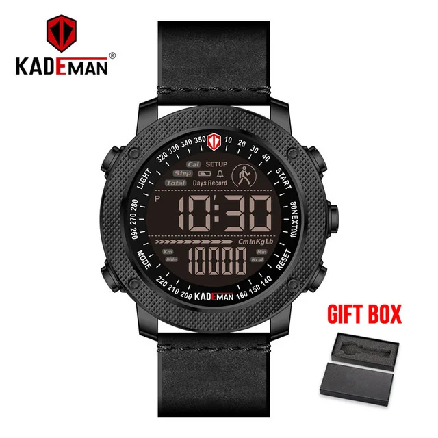 KADEMAN Лидирующий бренд Мужские часы с хронографом спортивные цифровые светодиодный водонепроницаемые наручные часы с подсчетом шагов кожаные часы Relogio Masculino - Цвет: leather band black