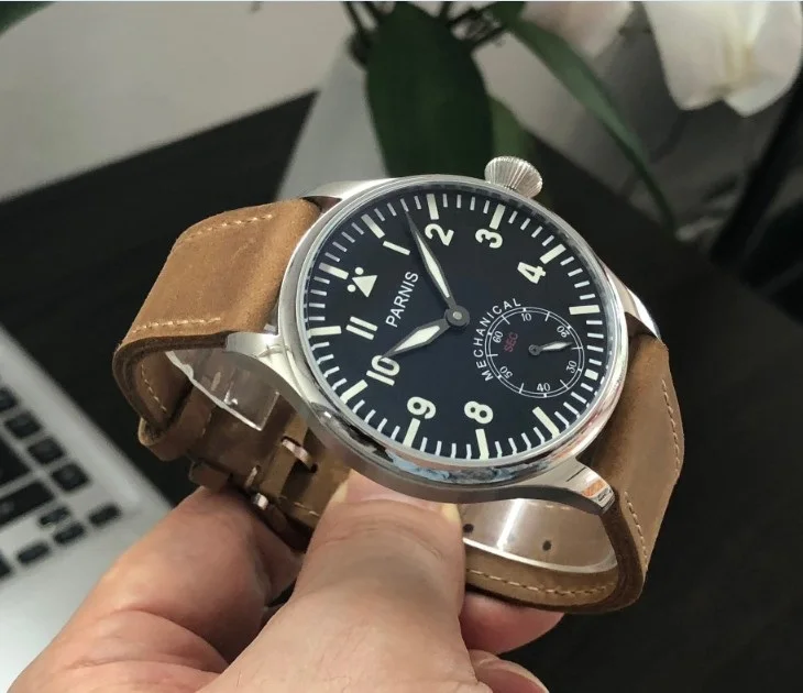 44 мм PARNIS Pilot Азиатский 6498 механические часы с ручным заводом механические часы с черным циферблатом мужские часы оптом PA75-8