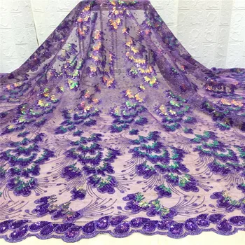 

Purple High Quality African Lace Fabric Net 2020 French Lace Fabric Tulle With Sequins Nigerian Lace Fabric For Wedding Dress