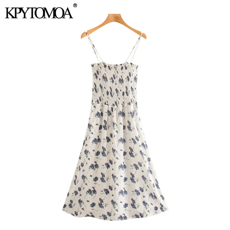 KPYTOMOA Women 2020 Chic Fashion Floral Print Elastic Smocked Midi Dress Vintage Backless Thin Straps Female Dresses Vestidos KPYTOMOA Women 2020 Chic Fashion Floral Print Elastic Smocked Midi Dress Vintage Backless Thin Straps Female Dresses Vestidos