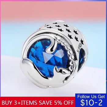 

PANDACH 925 Sterling Silver Kitten Cat Blue CZ Charm Beads fit Original 3mm Bracelet & Bangles DIY Jewelry Making C708