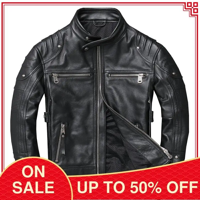 

2020 Black American Style Motorcycle Leather Jacket Men Plus Size 5XL Genuine Cowhide Autumn Slim Fit Biker's Leather Coat