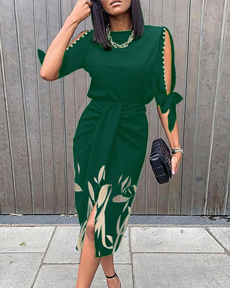 Autumn Women Leaf Print Pearls Decor Knotted Work Dress 2021 Femme Elegant Round Neck Midi Robe Lady Clothing traf Vestidos