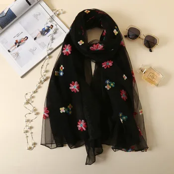 

Fashion Women's Chiffon Colorful Printed Gray Sweet Cartoon Cat Kitten Scarf Graffiti Style Shawl Black