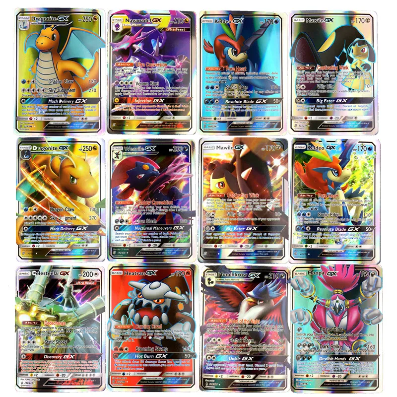 100 шт./лот, с коробкой, новые карты Pokemones, бирка, команда GX EX, Мега карты, Pokemones, английские карточки, игрушки, игры, битва карт, торговые карты