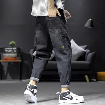 

#2508 Spring Summer Black Denim Planlon Trouses Men Plus Size Mid Waist Jeans Cotton Casual Loose Jean Harem Pants Male Harajuku