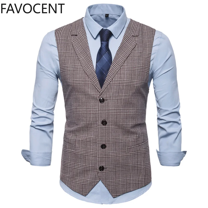 Mens Suit Vest Fashion Slim Fit Thin Plaid Men Waistcoat Tops Slim Business Vest Waistcoat Man England Style Male Leisure Suits dress vests