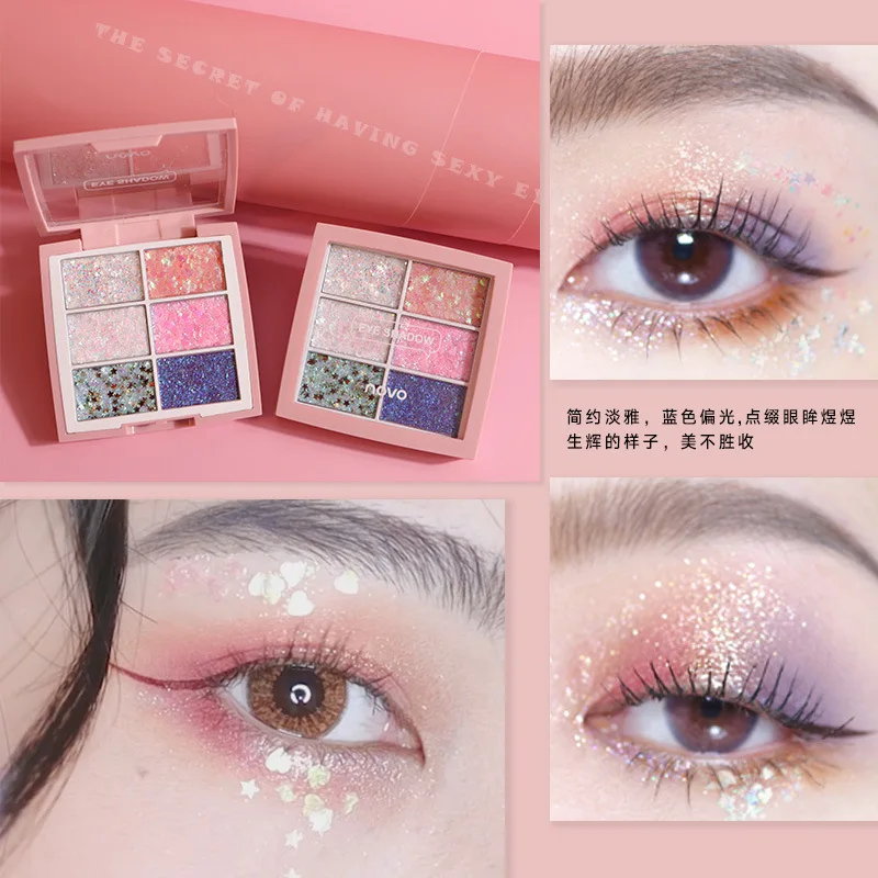 NOVO Eye Makeup 6 Colors Sequins Glitter Eye Shadow Palette Shimmer Eyeshadow Pallete Waterproof Shine Powder Brighten Eye NOVO Eye Makeup 6 Colors Sequins Glitter Eye Shadow Palette Shimmer Eyeshadow Pallete Waterproof Shine Powder Brighten Eye