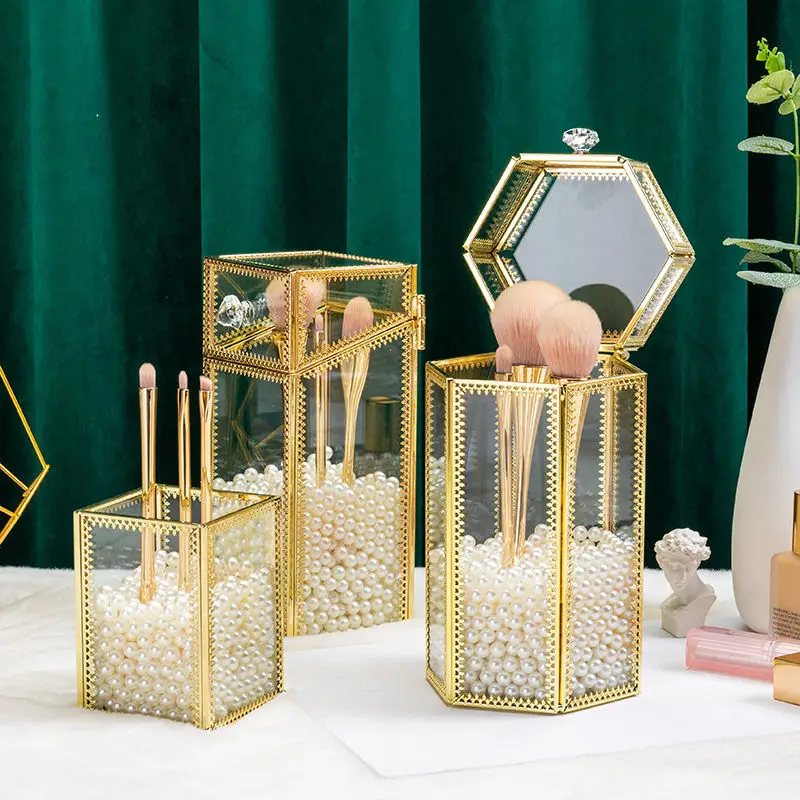 Ins Vintage Glass Makeup Brush Holder Gold Square Prismatic Copper Edging  Cosmetic Holder Lipstick Pencil Storage Container 4