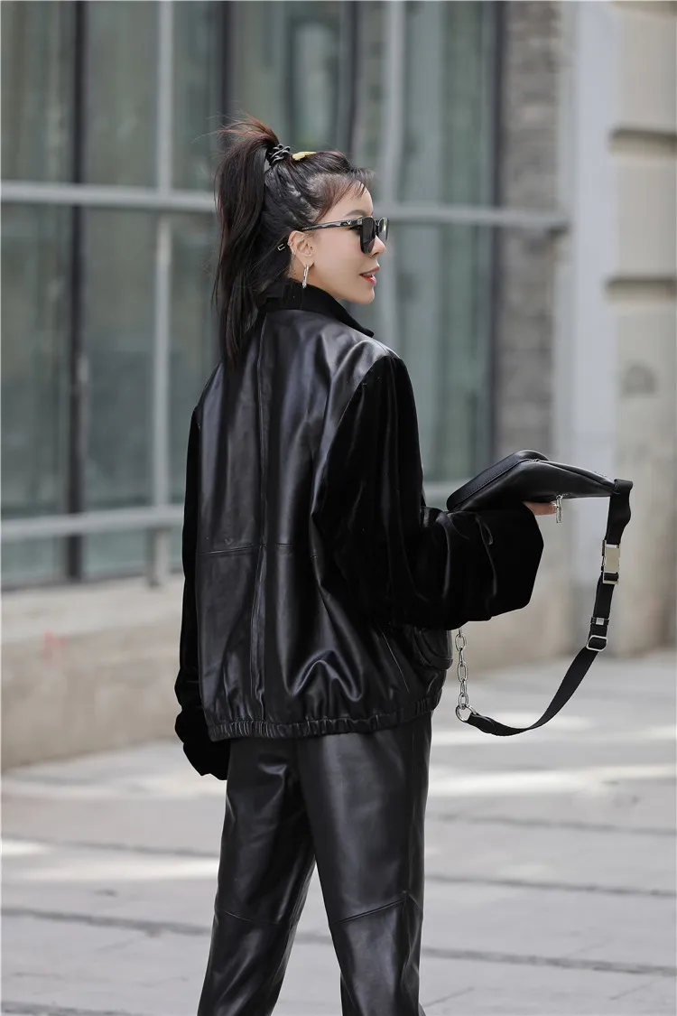 Genuine Leather Jacket Plus Size Mock Neck Safari Style Drop Shoulder Velvet Detail Sleeve Sheepskin Coat Women Casual Outwear