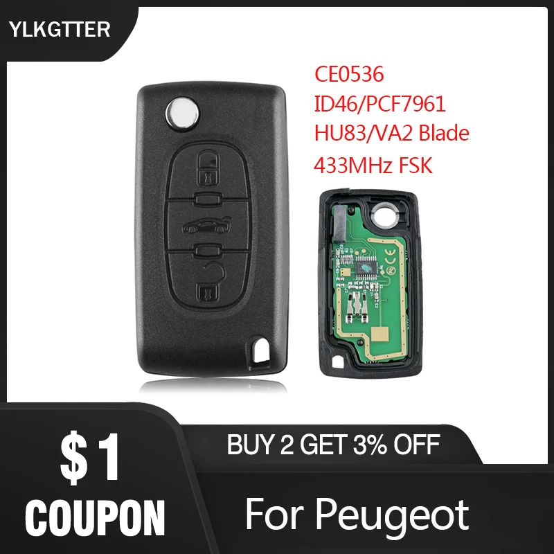 

YLKGTTER 433MHz Remote Car Folding Key Fob For Peugeot Citroen Berlingo 307 407 308 with ID46/PCF7961 Chip HU83/VA2 Blade