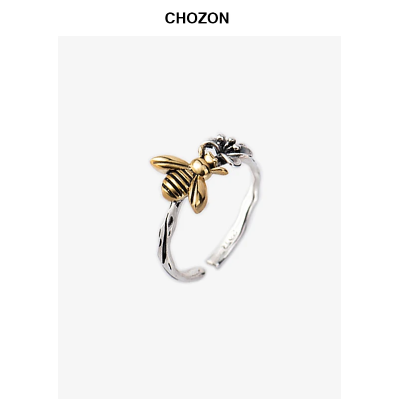 

S925 Silver Jewelry Bee & Flower Ring Girls Open Hand-made Double Color Simple Personality Fashion Silver Finger Ring