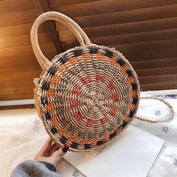 

Lady Travel Purses Fashion Summer Handbags Women Handmade Woven Round Straw Bags Beach Crossbody Bags Woven Shopping Totes