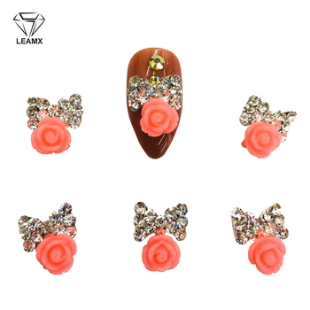 

LEAMX 10PCS Kawaii Resin Flower Rhinestones Nails Art Decorations 3D Gold Metal Nail Charms UV Gel Manicure Tools Supply L535
