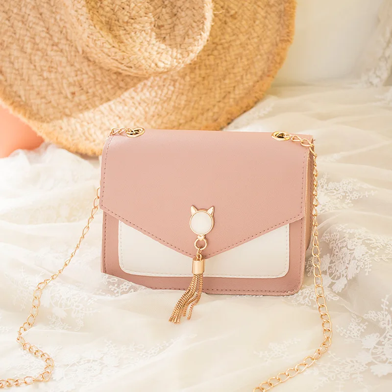 

Women's Korean-style Contrast Color One-Shoulder Tassels Square Sling Bag Business 2019 Autumn And Winter New Products Cat Shoul