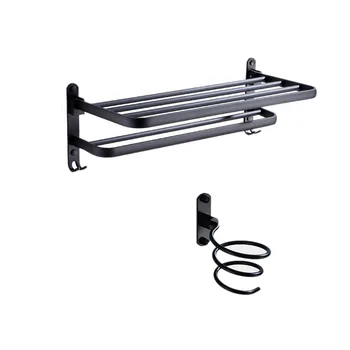 

2PCS Aluminum Black Foldable Towel Holder Hair Dryer Holder Set Towel Shelf Wall Mounted Bathroom Towel Rack