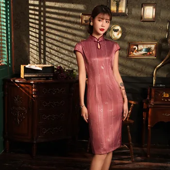 

Pink Short Sleeve Women Cheongsam Mandarin Collar Sexy Satin Novelty Stripe Chinese Dress Vestidso High Split Elegant Qipao