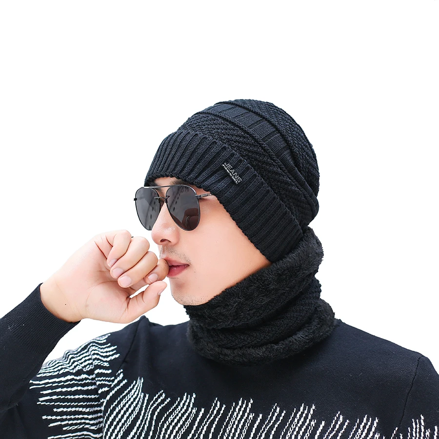 Мужская зимняя шапка, шарф в Корейском стиле-модная шерстяная вязанная теплая шапка зимняя уличная велосипедная шапка шарф набор