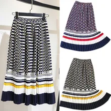 Зима-осень, женские юбки, модная плиссированная длинная юбка с принтом, высокая талия, эластичные полосы, контрастные цвета, Юбки миди#1015