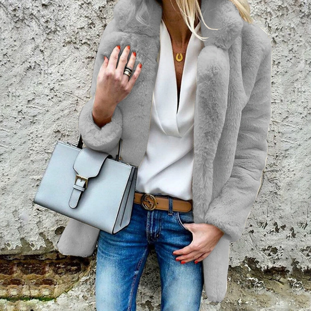Модная Меховая шуба уличная одежда с длинными рукавами и отворотом Женская плюшевая куртка из искусственного меха Зимние теплые пушистые куртки Тедди пальто для женщин - Цвет: Light Gray